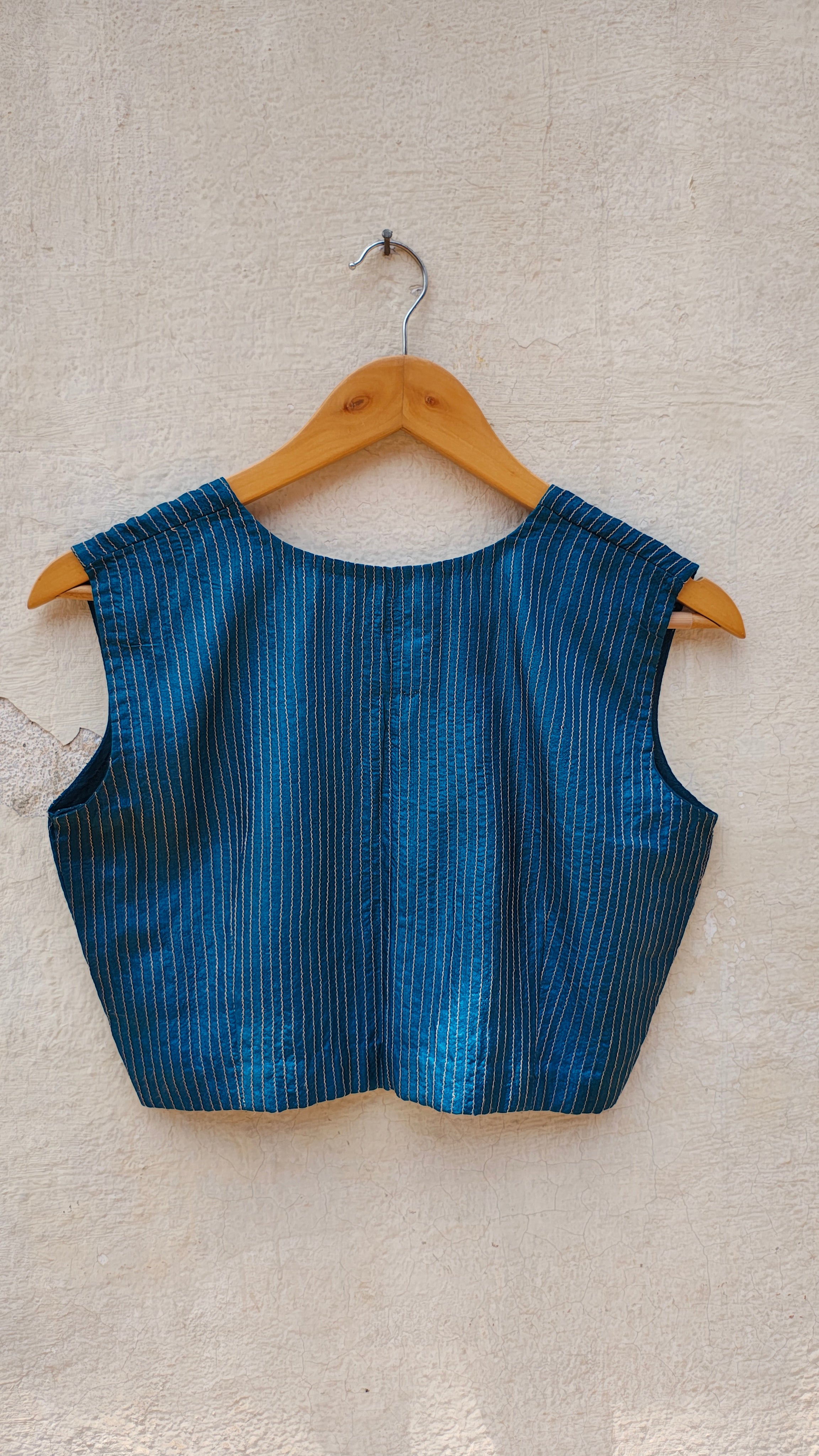 Handcrafted Teal Tussar Silk Sleeveless Quilted Blouse