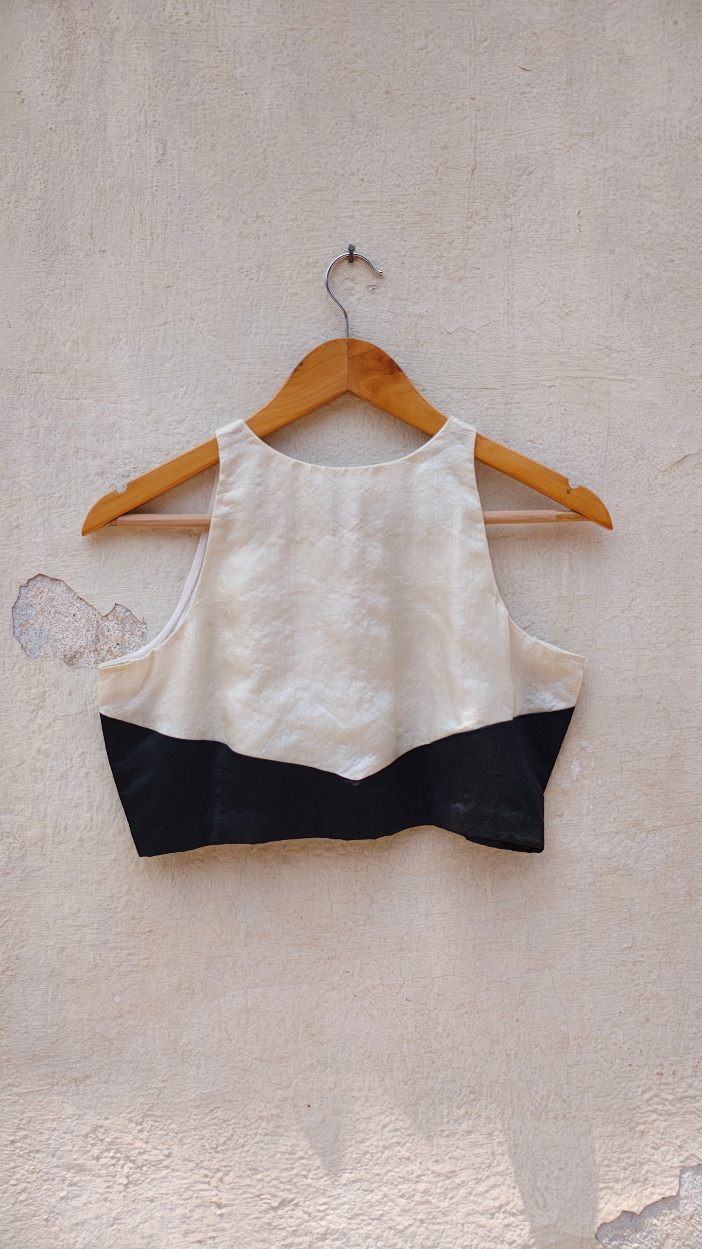 Handcrafted Off-White and Black Tussar Silk Halter Blouse