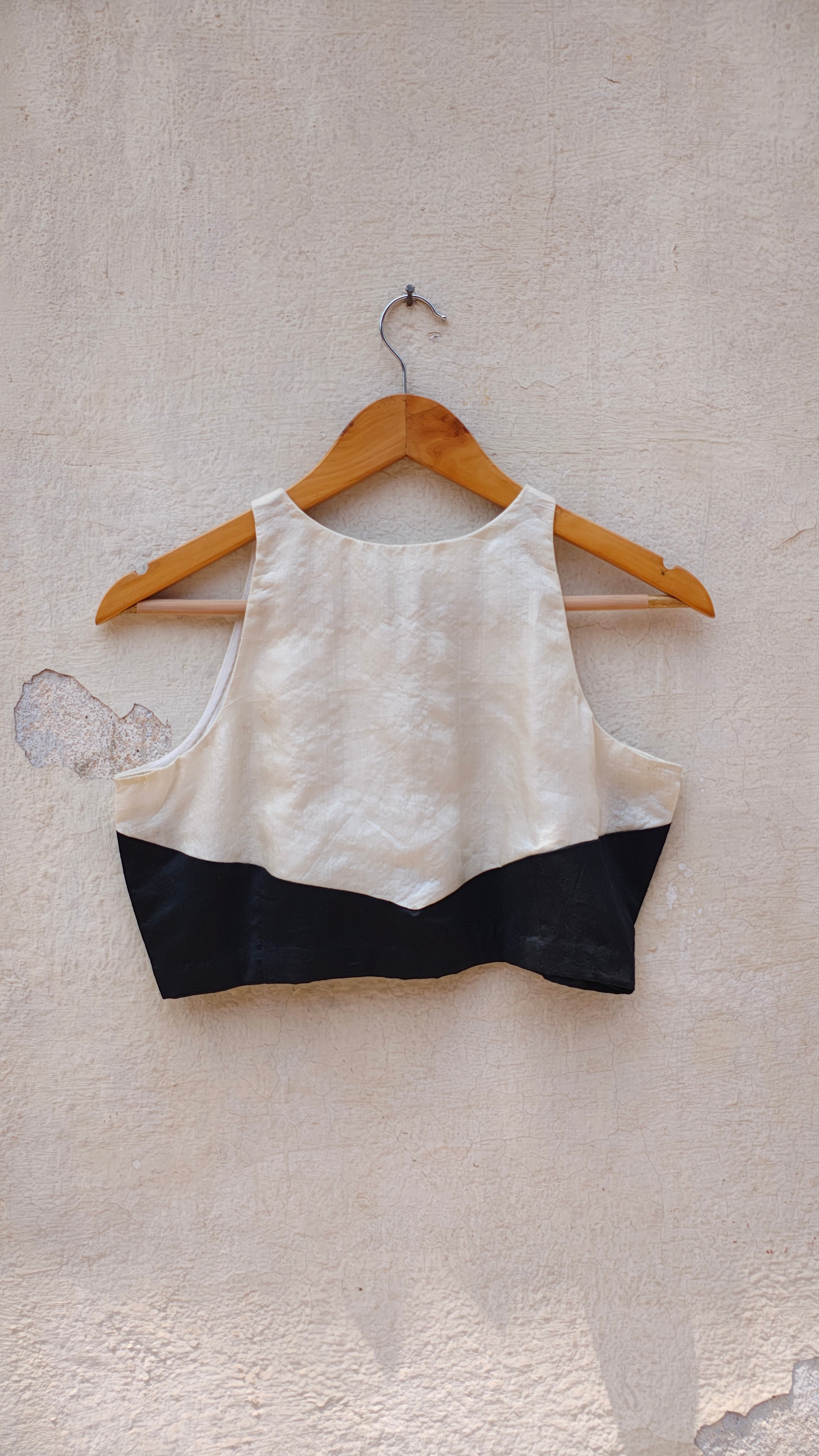Handcrafted Off-White and Black Tussar Silk Halter Blouse