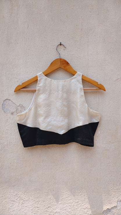 Handcrafted Off-White and Black Tussar Silk Halter Blouse