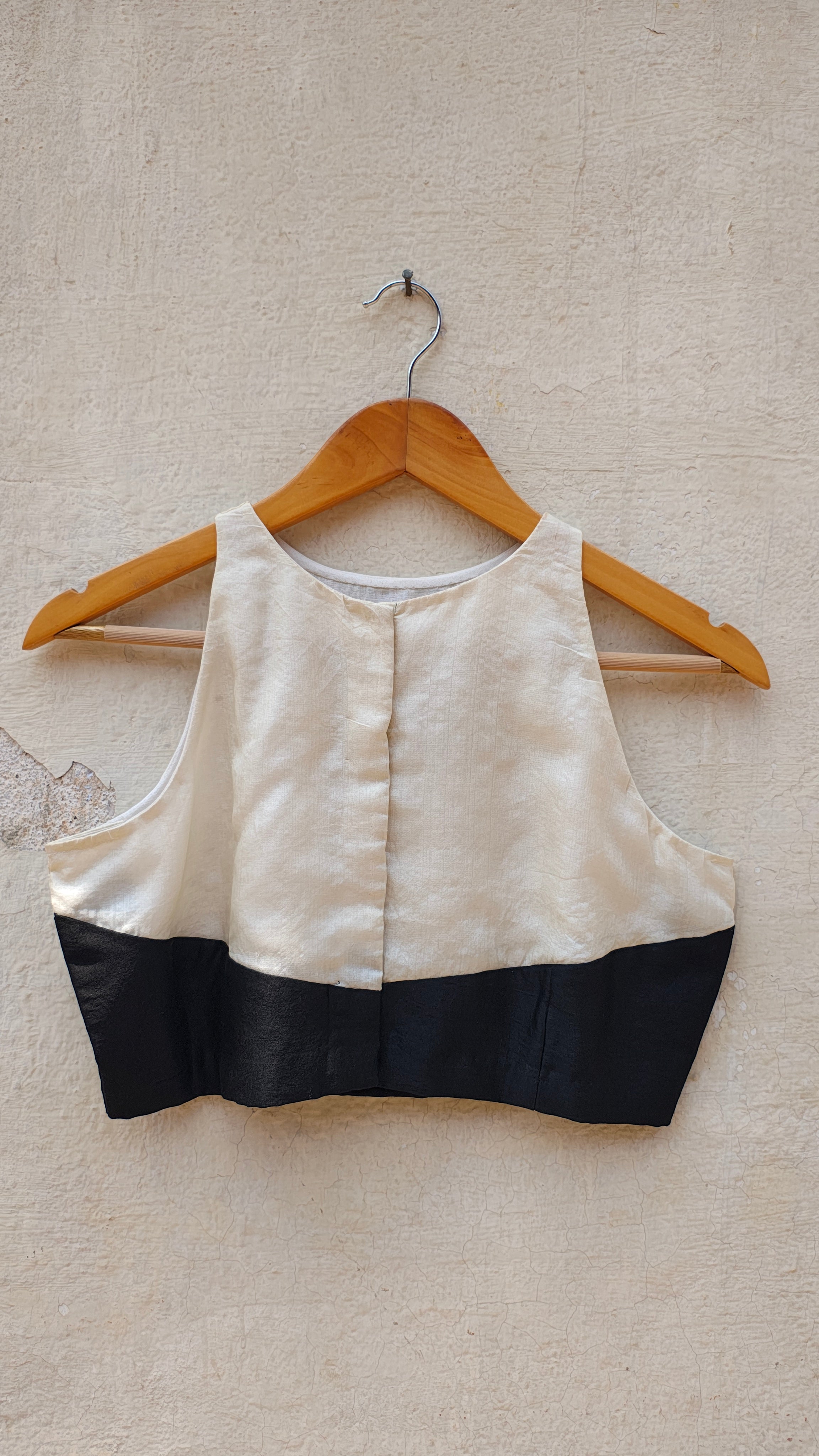 Handcrafted Off-White and Black Tussar Silk Halter Blouse