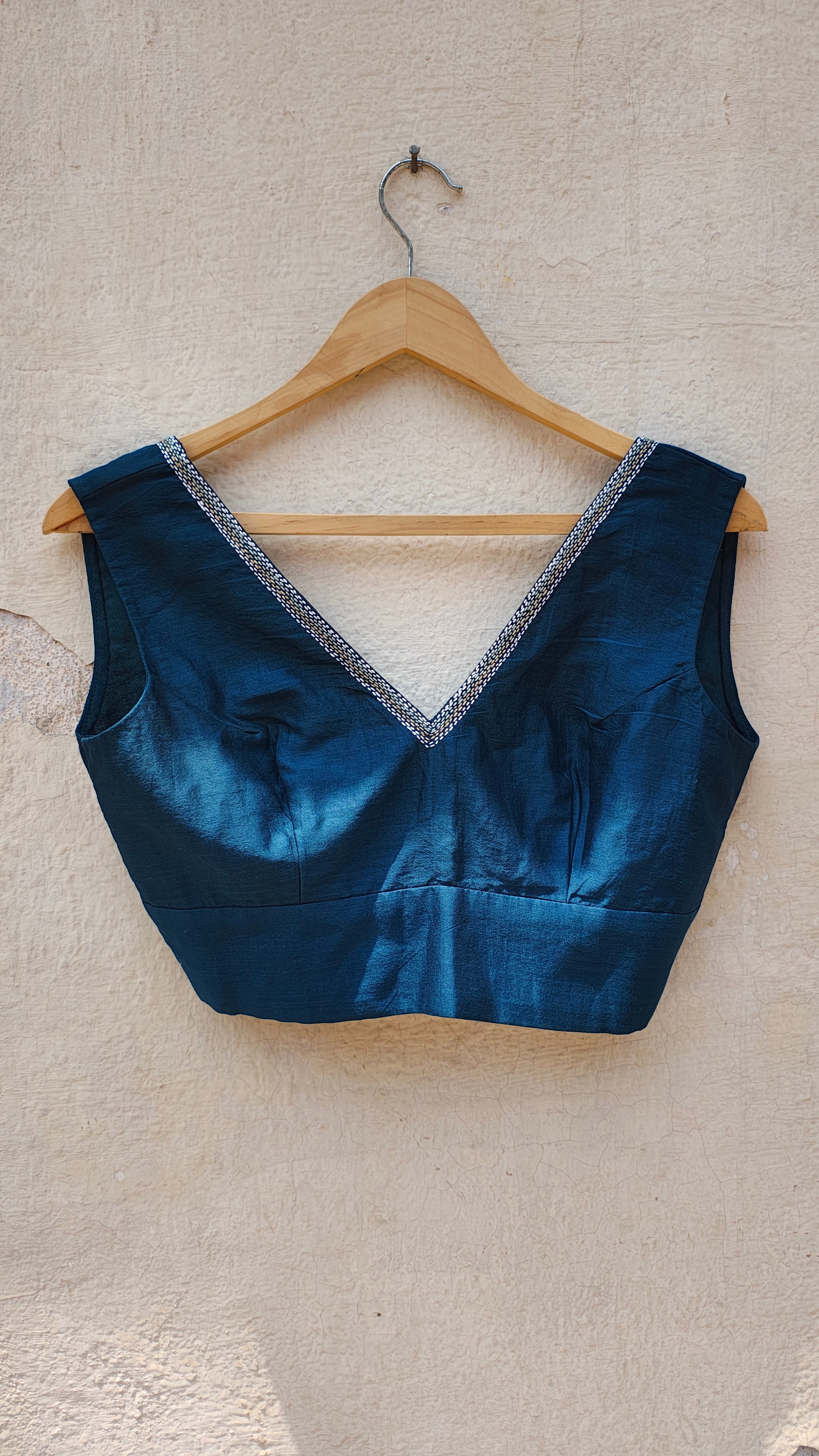 Teal V-Neck Sujani Embroidered Chanderi Blouse