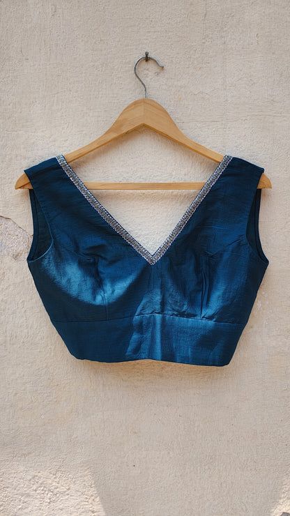 Teal V-Neck Sujani Embroidered Chanderi Blouse
