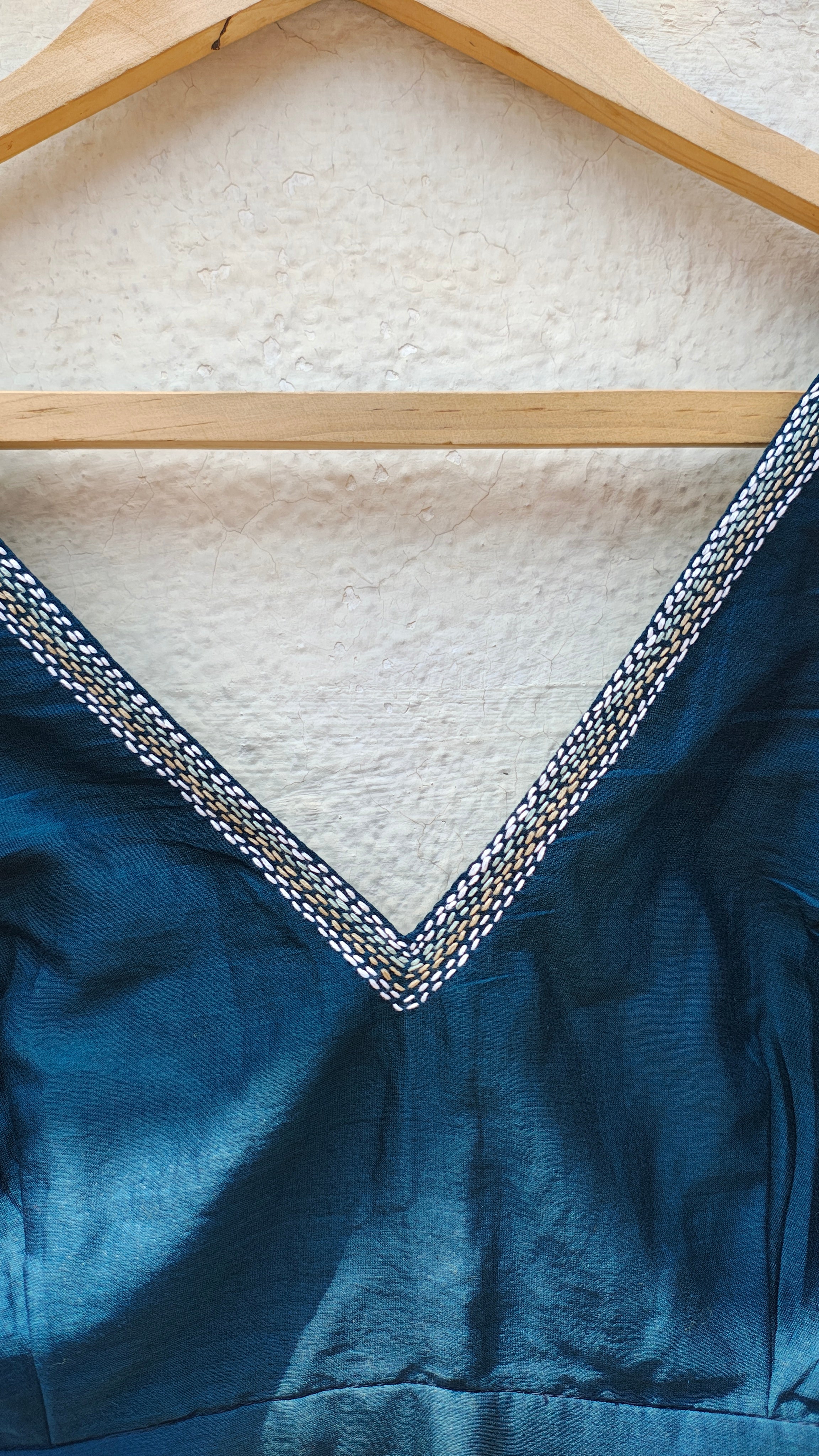 Teal V-Neck Sujani Embroidered Chanderi Blouse