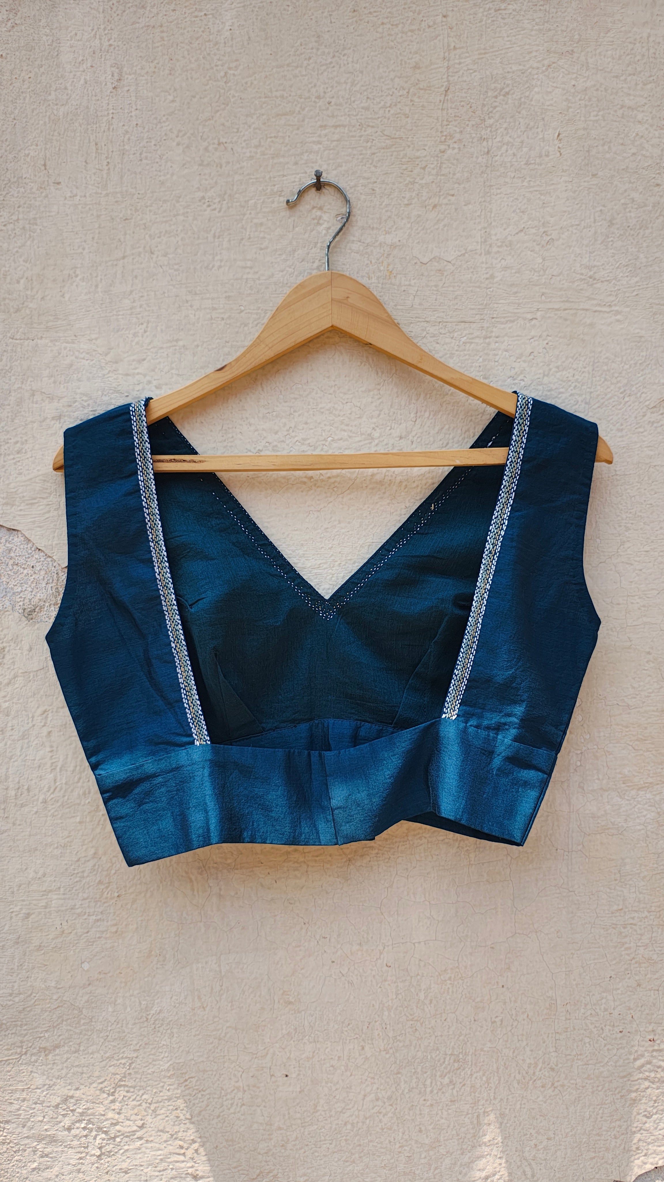 Teal V-Neck Sujani Embroidered Chanderi Blouse