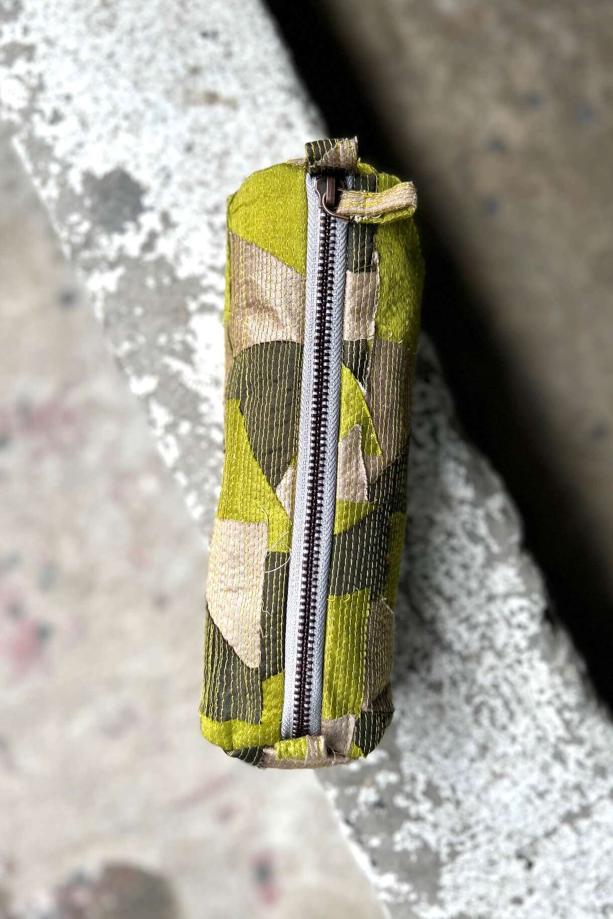 Cotton-Silk Upcycled Olive Green Pencil Pouch-bihart