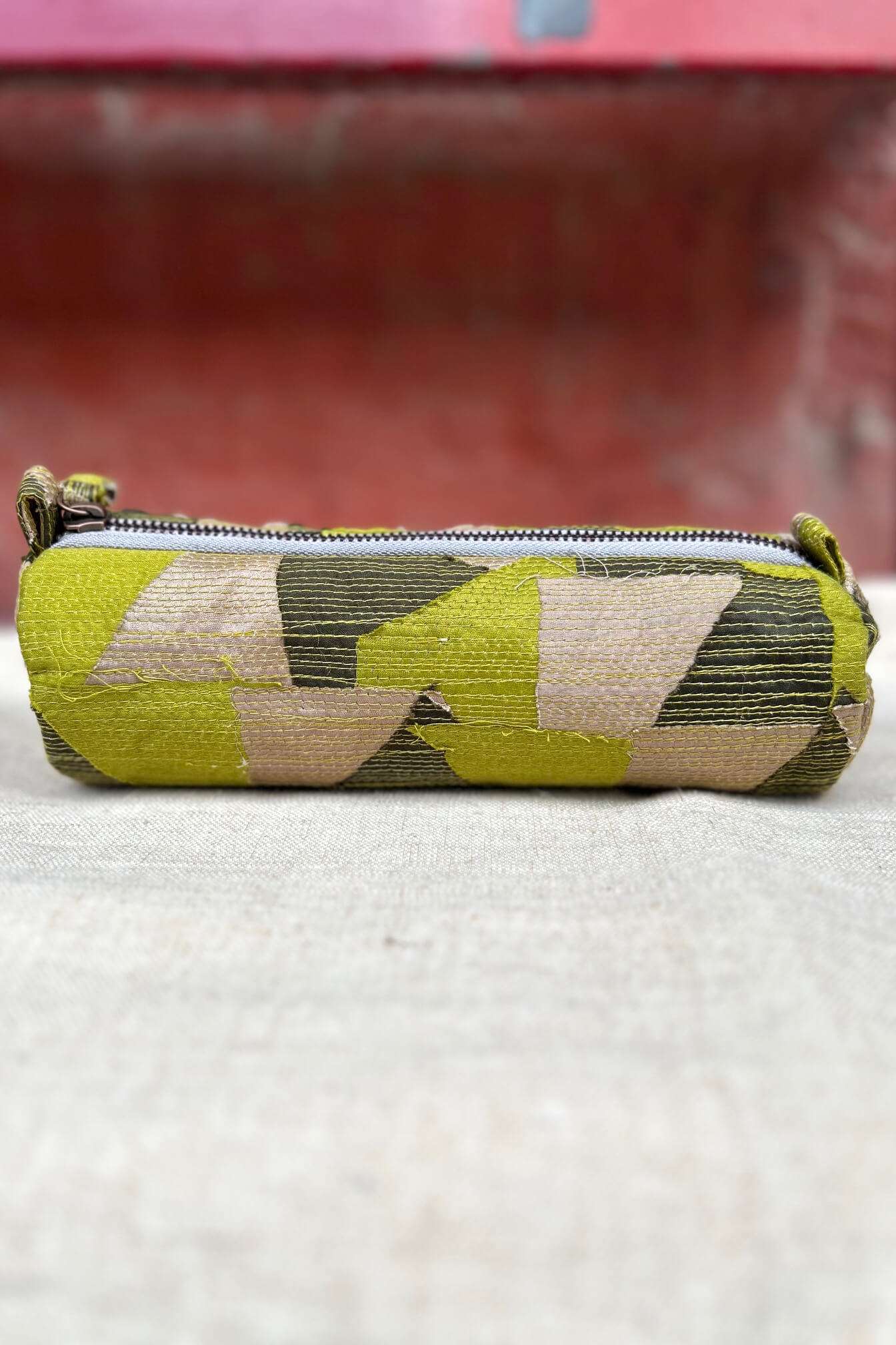 Cotton-Silk Upcycled Olive Green Pencil Pouch-bihart