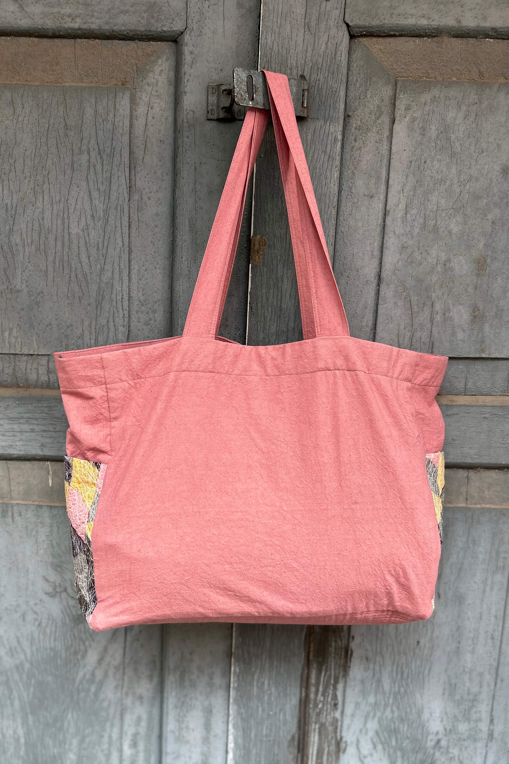 Dusty Pink Cotton Tote Bag with Chindi Side Pockets.
