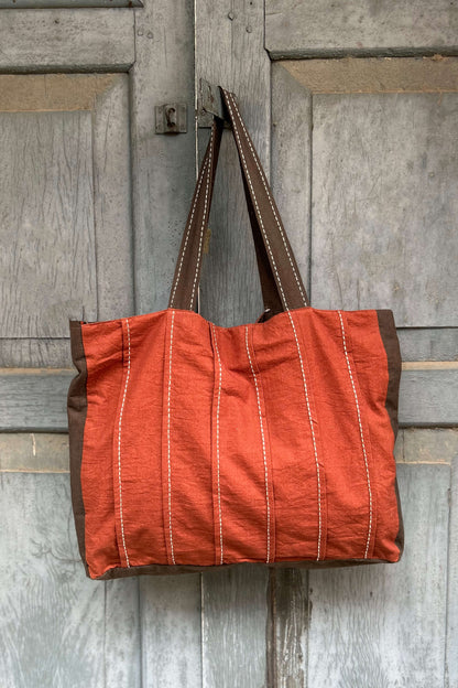 Rust-Pin Tuck Sujani Colour Block Tote Bag-bihart