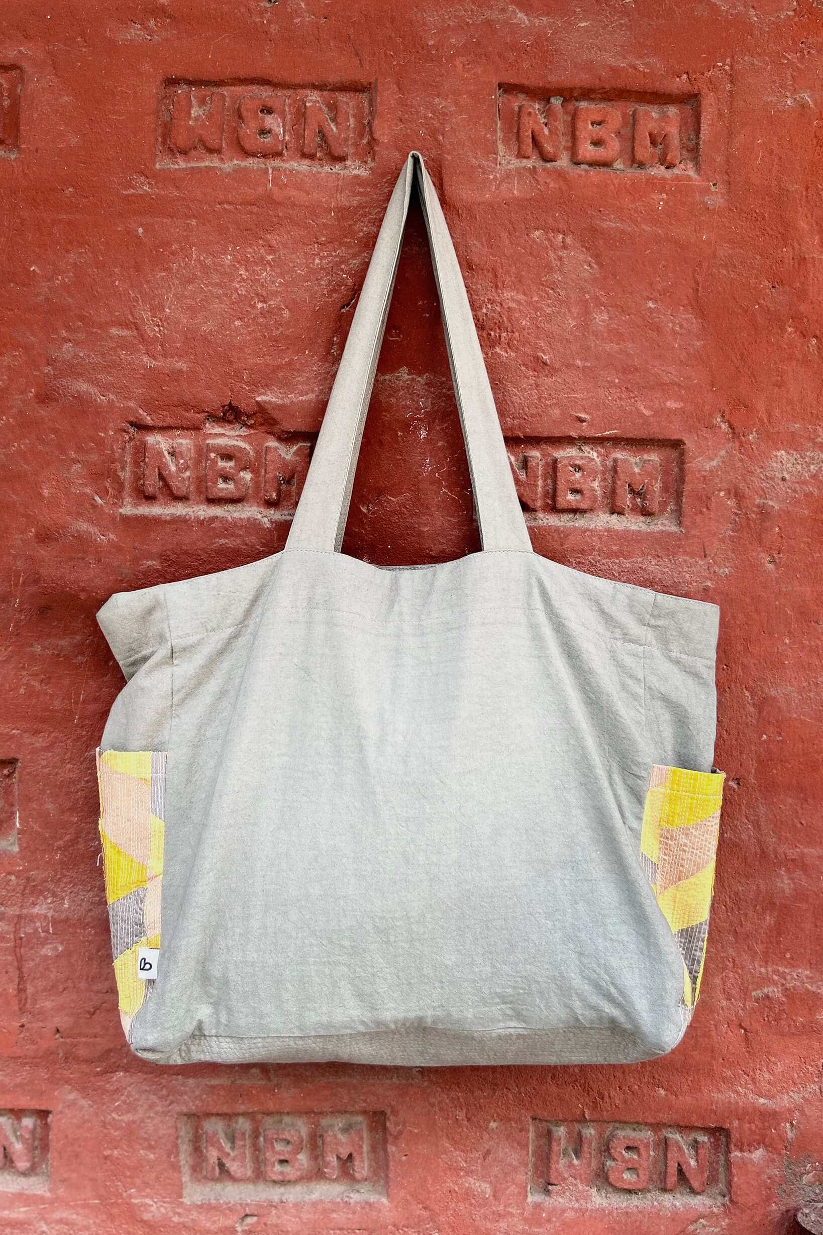 Classic Grey Cotton Tote Bag with Chindi Side Pockets.
