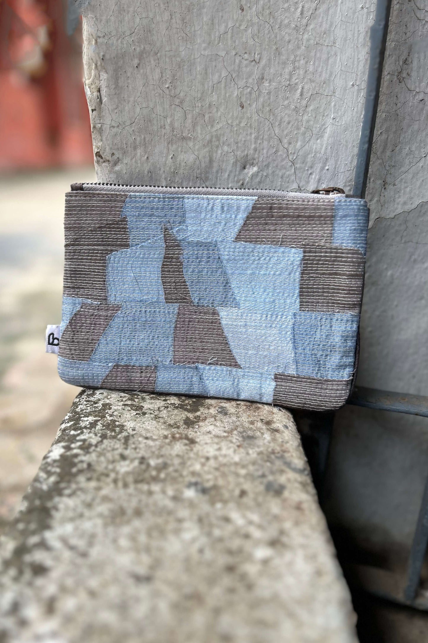 Upcycled-Blue Chindi Flat Pouch-bihart