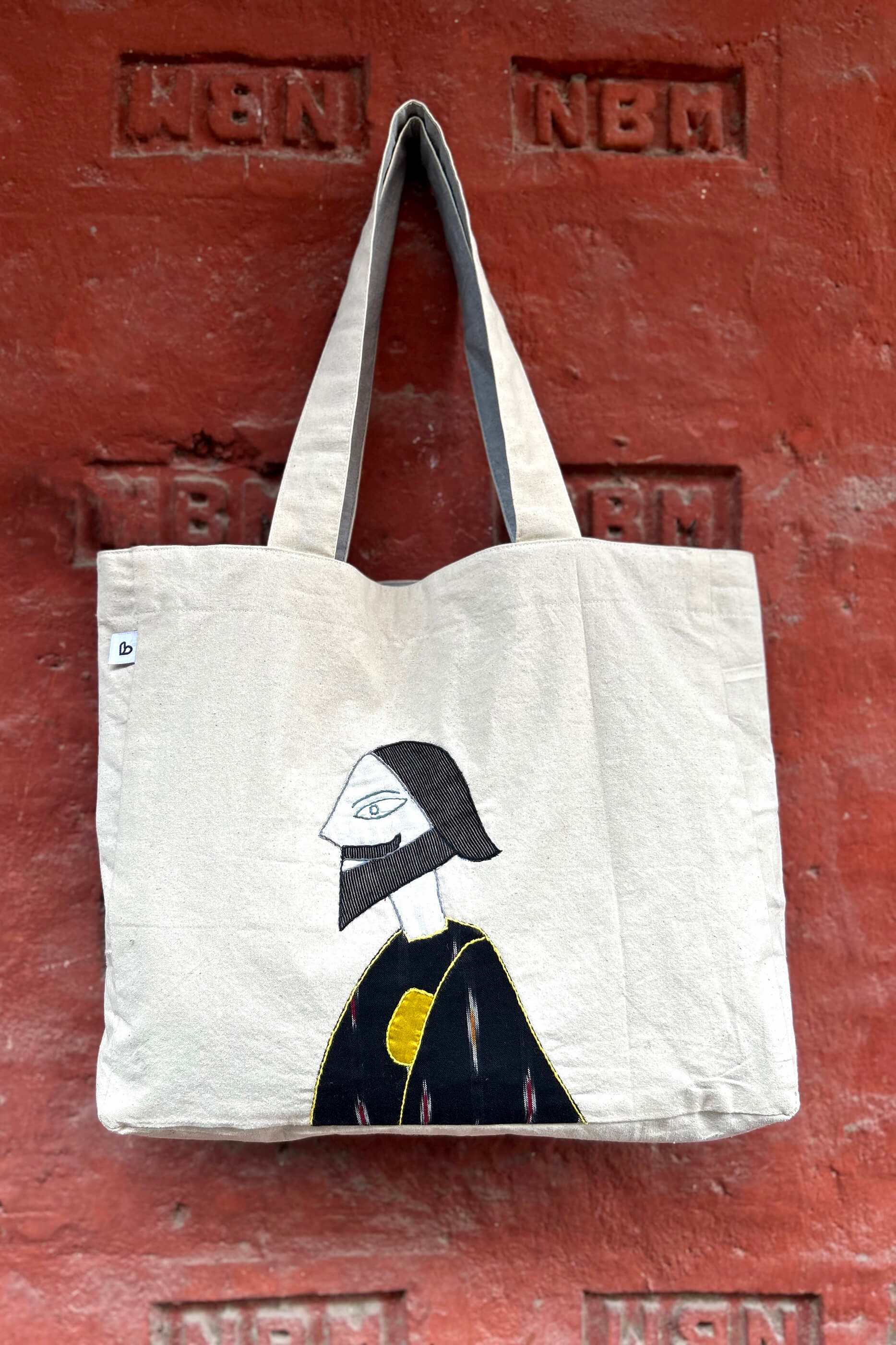 Beard-Face Man Hand Applique Tote Bag-bihart