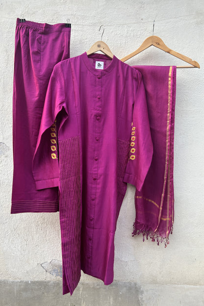 Magenta-Pink Applique and Sujani Kurta Set with Kota Silk Dupatta-bihart