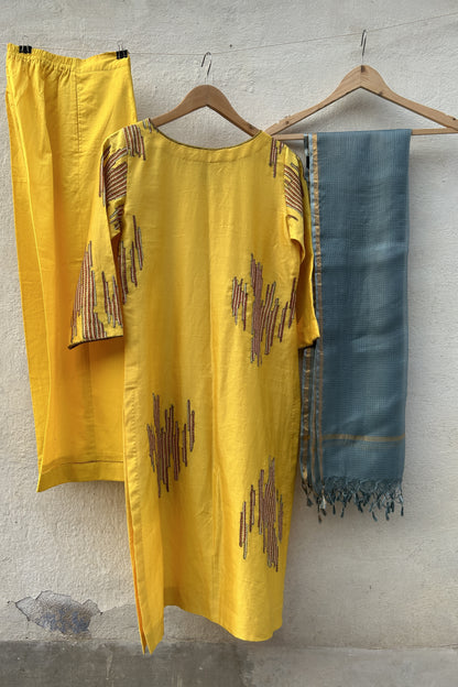 Yellow-Sujani Kurta Set with Light Blue Kota Silk Dupatta-bihart