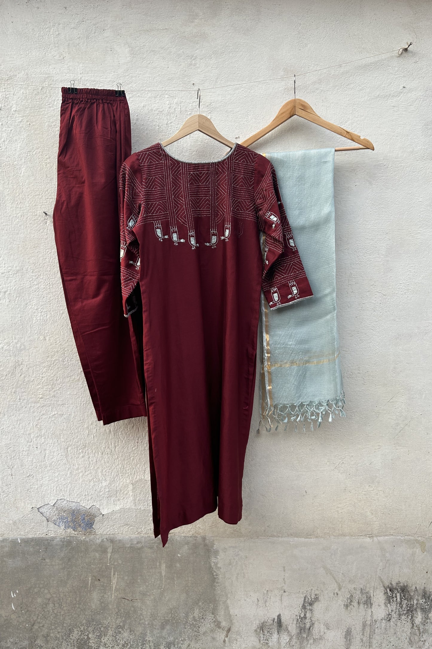 Maroon-Applique and Sujani Kurta Set with Kota Silk Dupatta-bihart