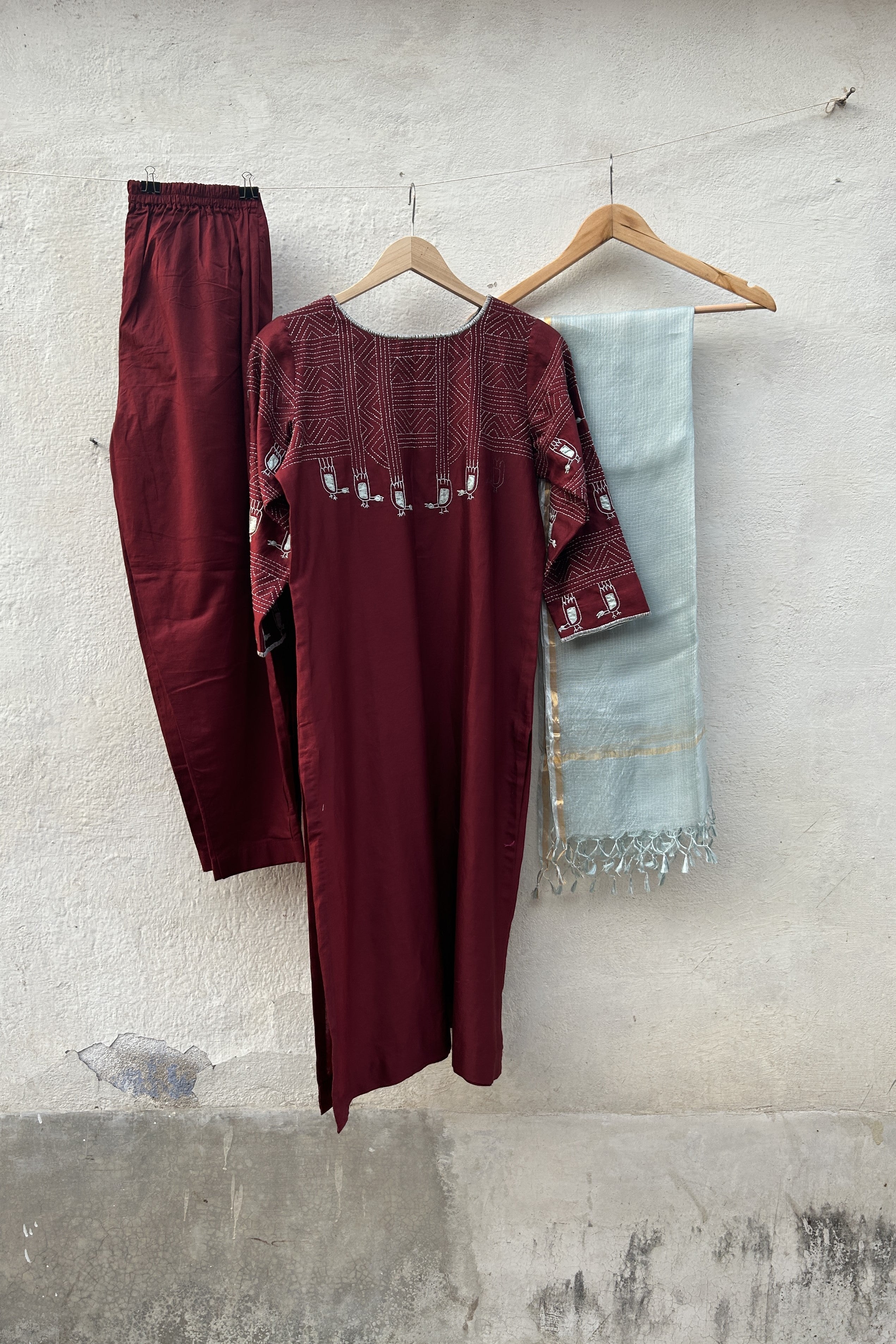 Maroon-Applique and Sujani Kurta Set with Kota Silk Dupatta-bihart