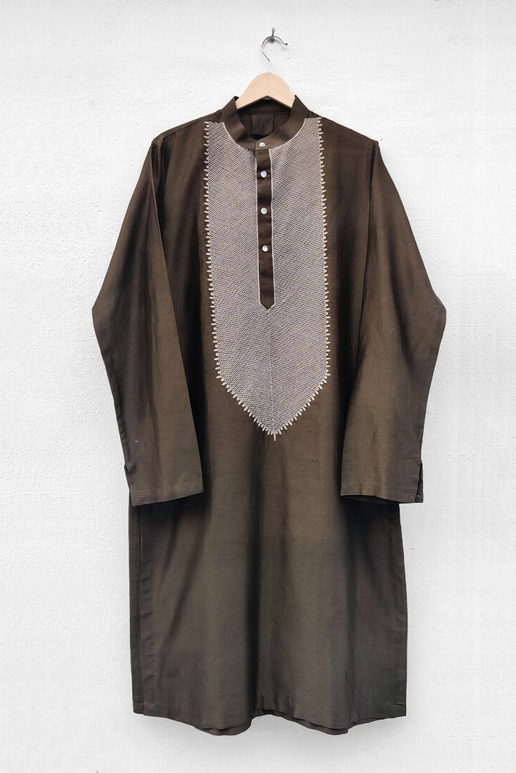 Tobacco-Brown Aari Work straight Kurta in Chanderi for men-bihart