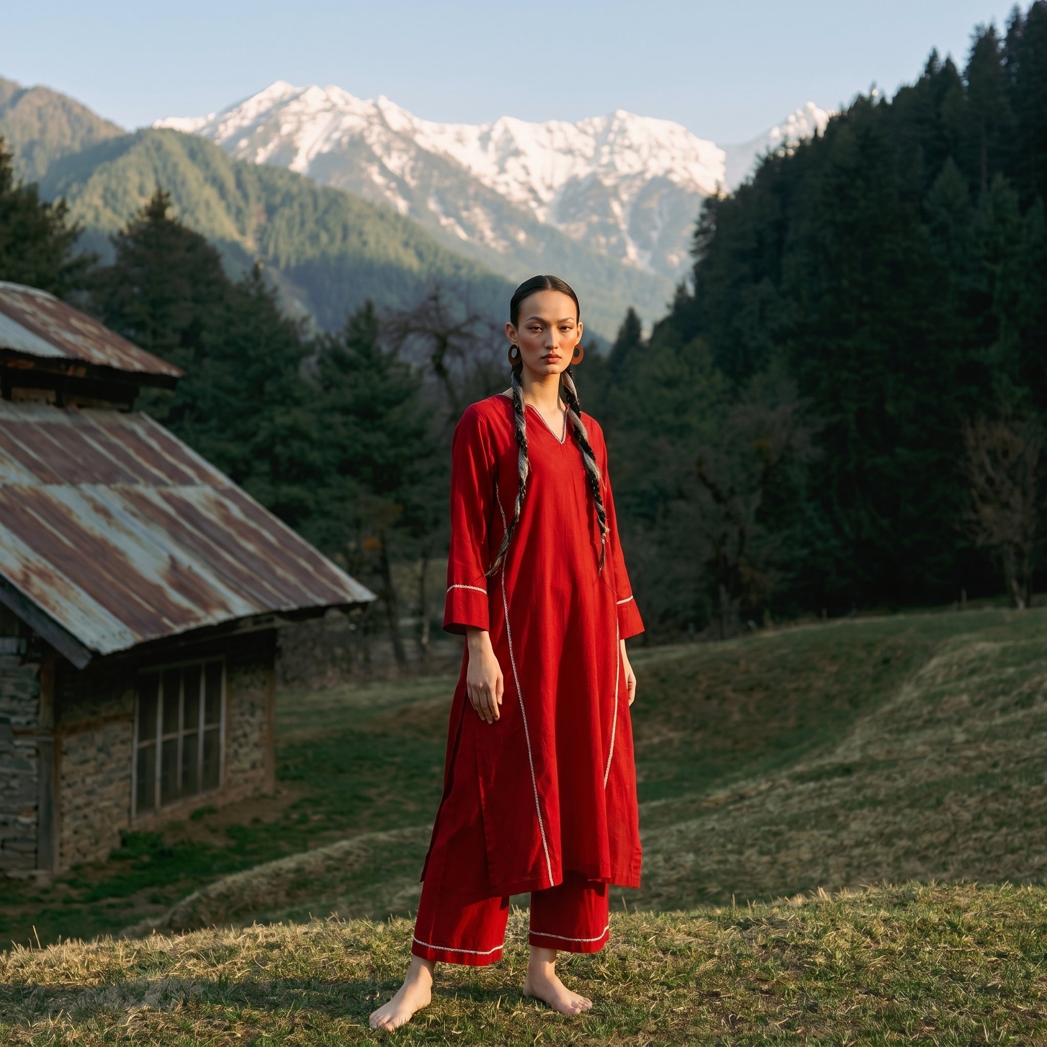 Anantha Hand embroidered Red Chanderi Pakistani Kurta set