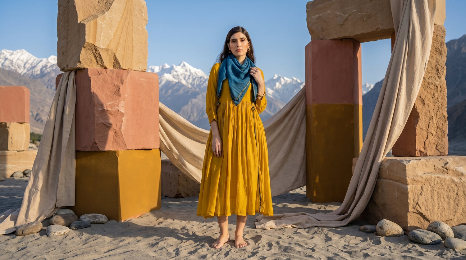 Anantha Summer Chanderi Mustard Yellow Maxi Dress