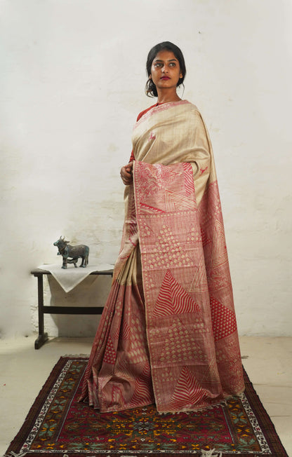 Handwoven-Wild silk Saree with Hand Painted Madhubani-bihart