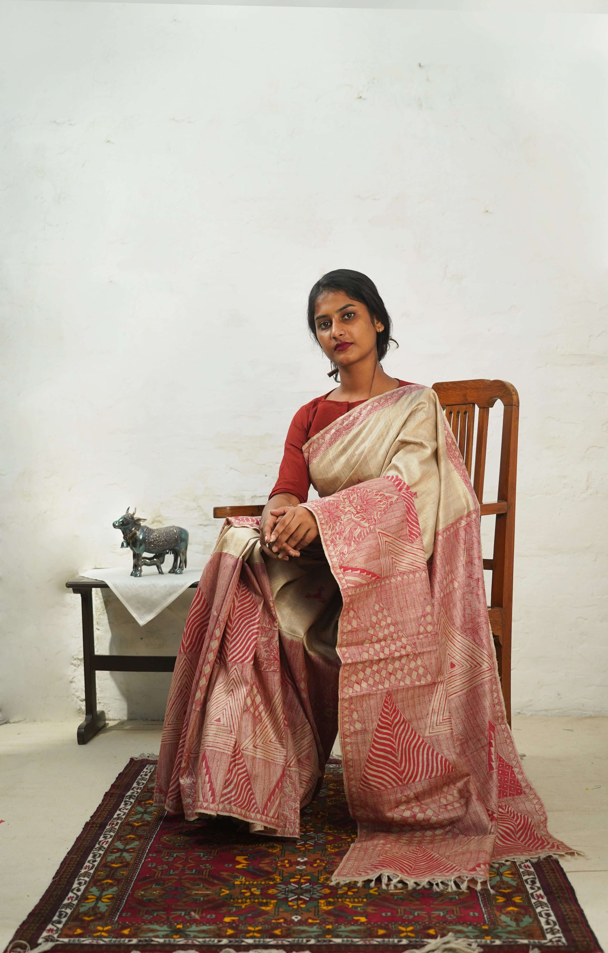 Handwoven-Wild silk Saree with Hand Painted Madhubani-bihart