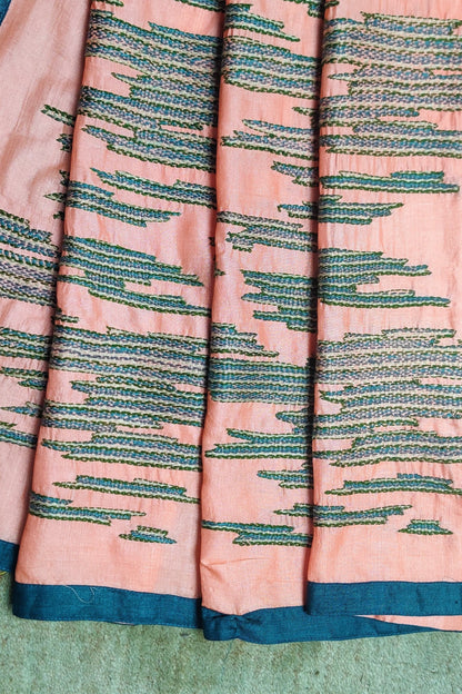 Peach-Wild Silk Saree with Sujani-bihart