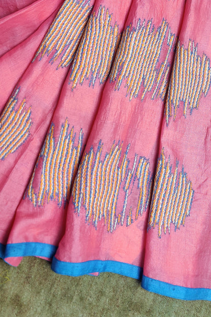 Bubble-Gum Pink Wild Saree Hand Embroidered in Sujani-bihart