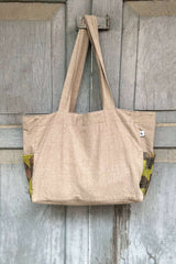 Classic Beige Cotton Tote Bag with Chindi Side Pockets.