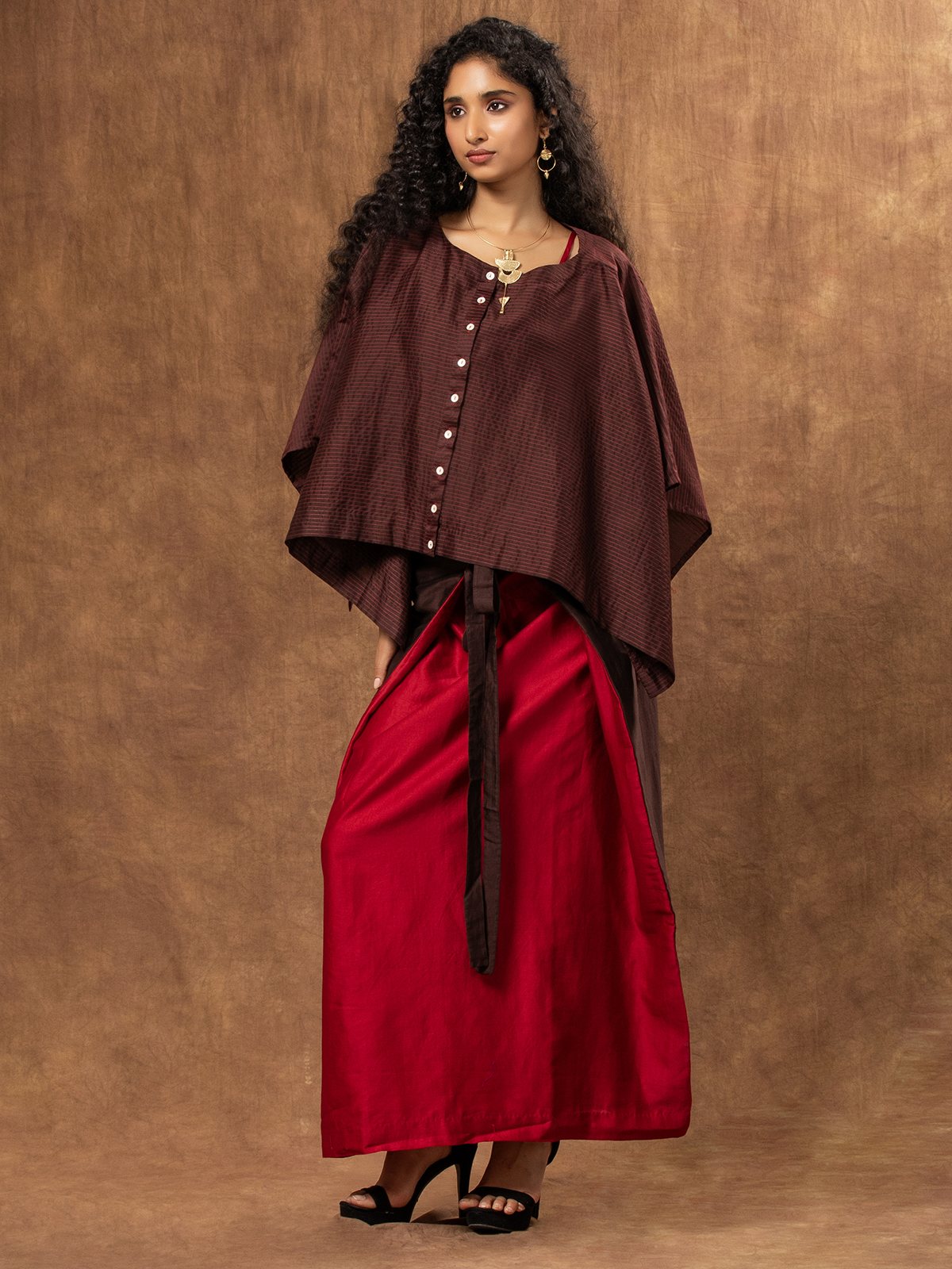 Red and Brown Colour Block Japanese Tie-Knot Chanderi Skirt