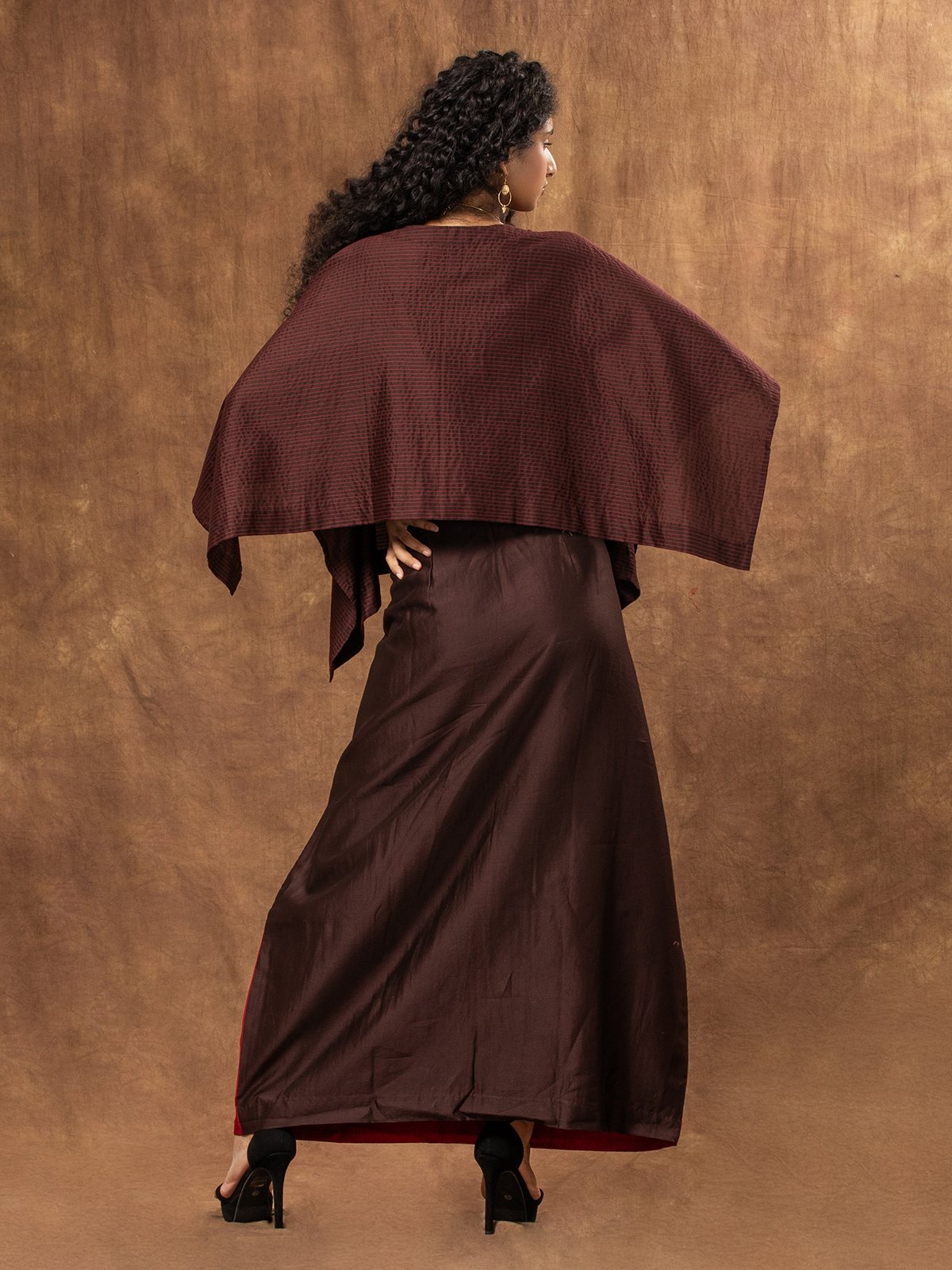 Red and Brown Colour Block Japanese Tie-Knot Chanderi Skirt