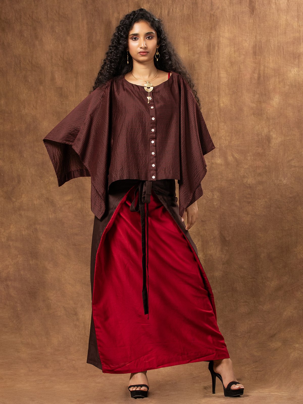 Red and Brown Colour Block Japanese Tie-Knot Chanderi Skirt