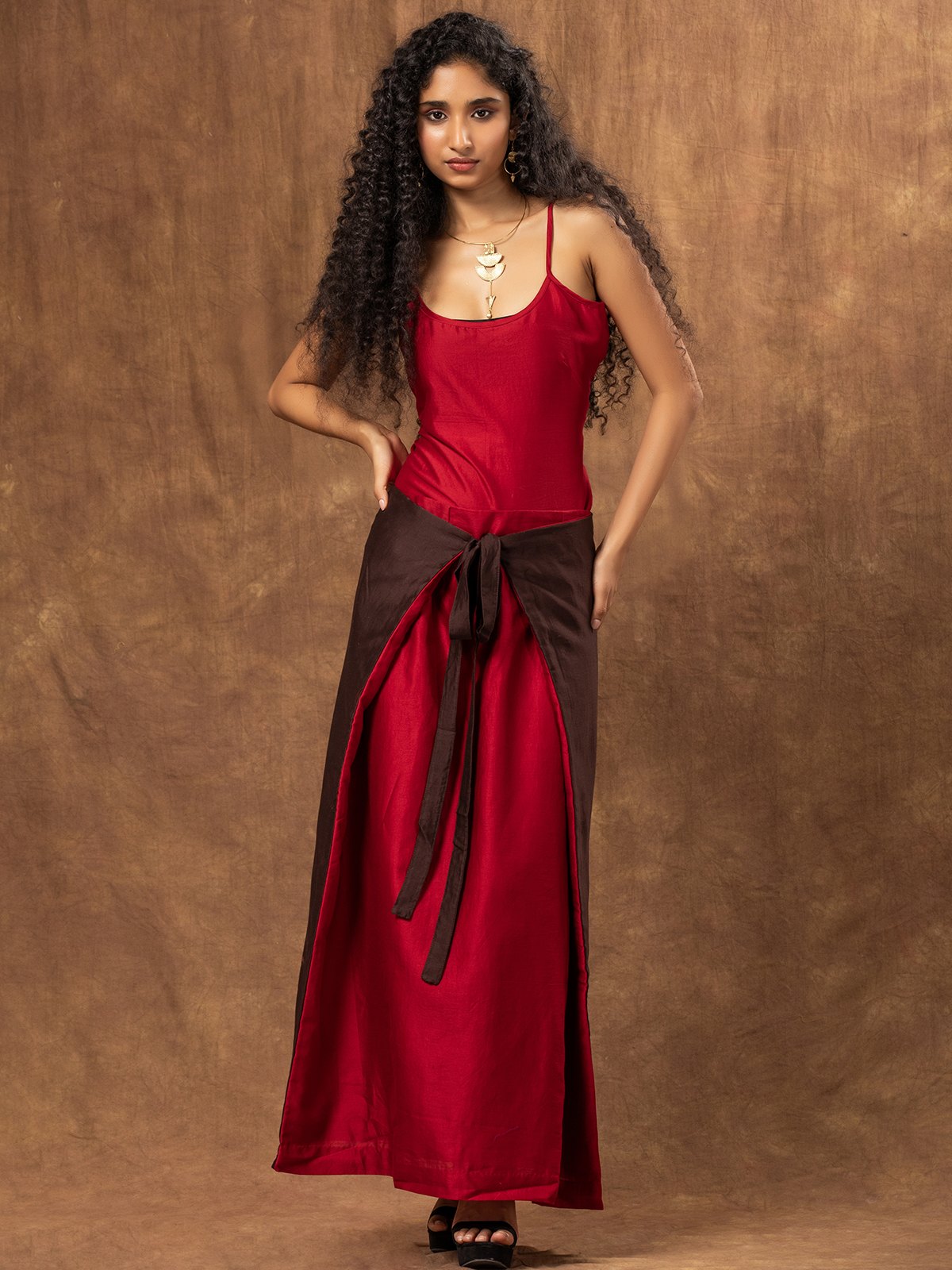 Red and Brown Colour Block Japanese Tie-Knot Chanderi Skirt