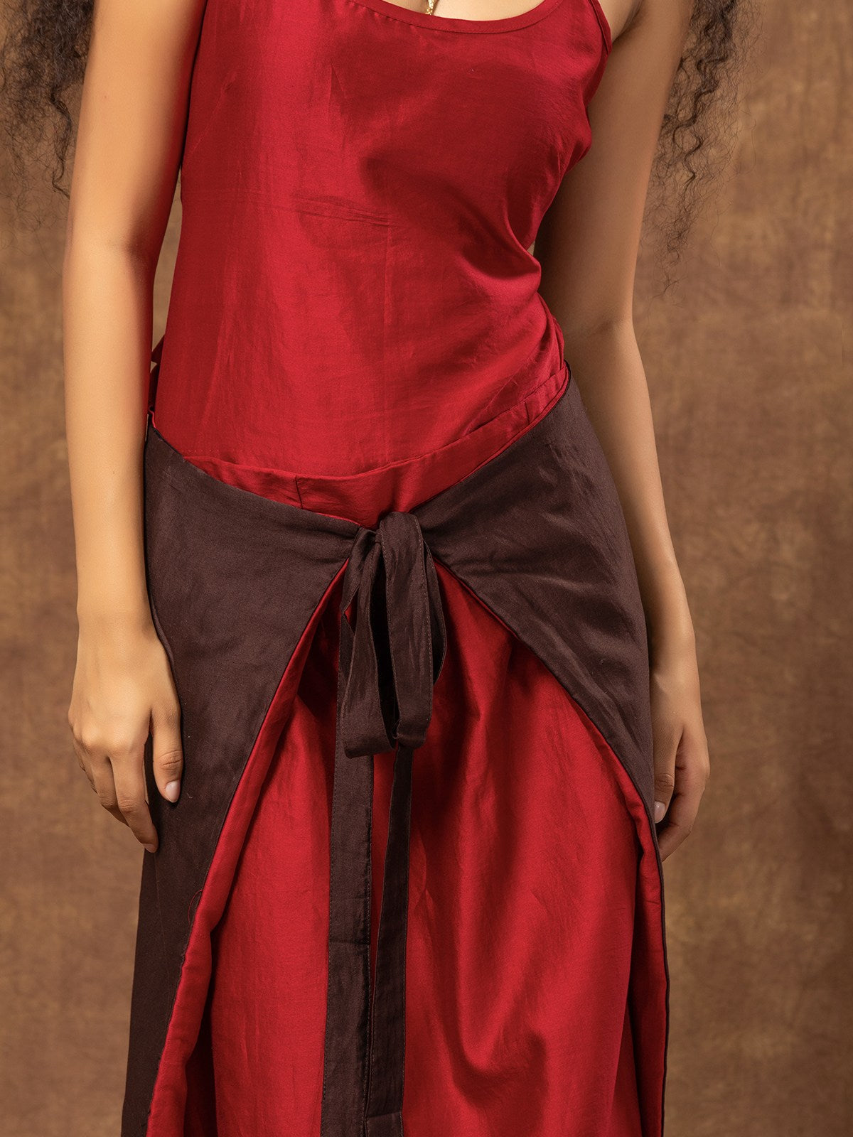 Red and Brown Colour Block Japanese Tie-Knot Chanderi Skirt