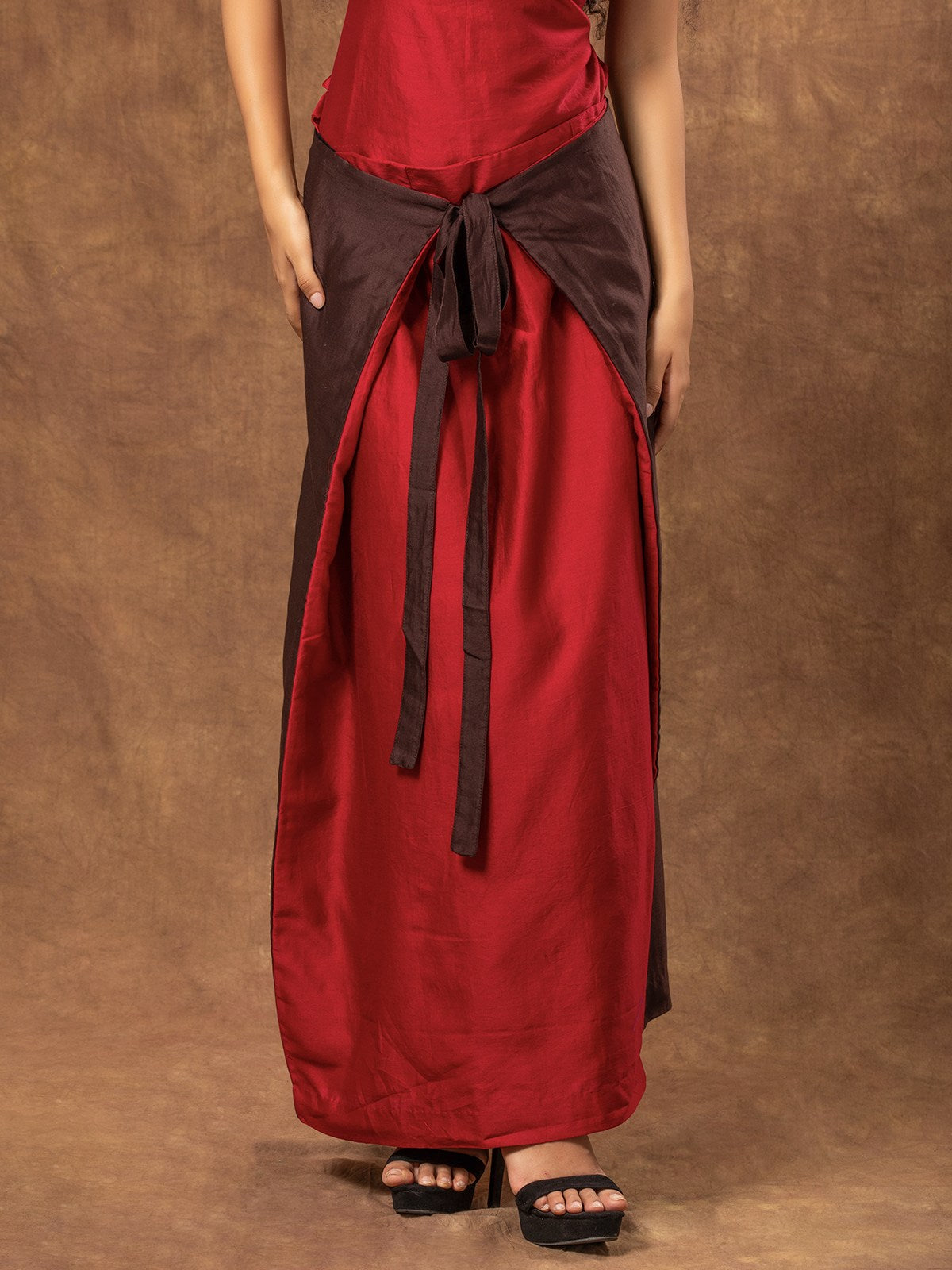 Red and Brown Colour Block Japanese Tie-Knot Chanderi Skirt