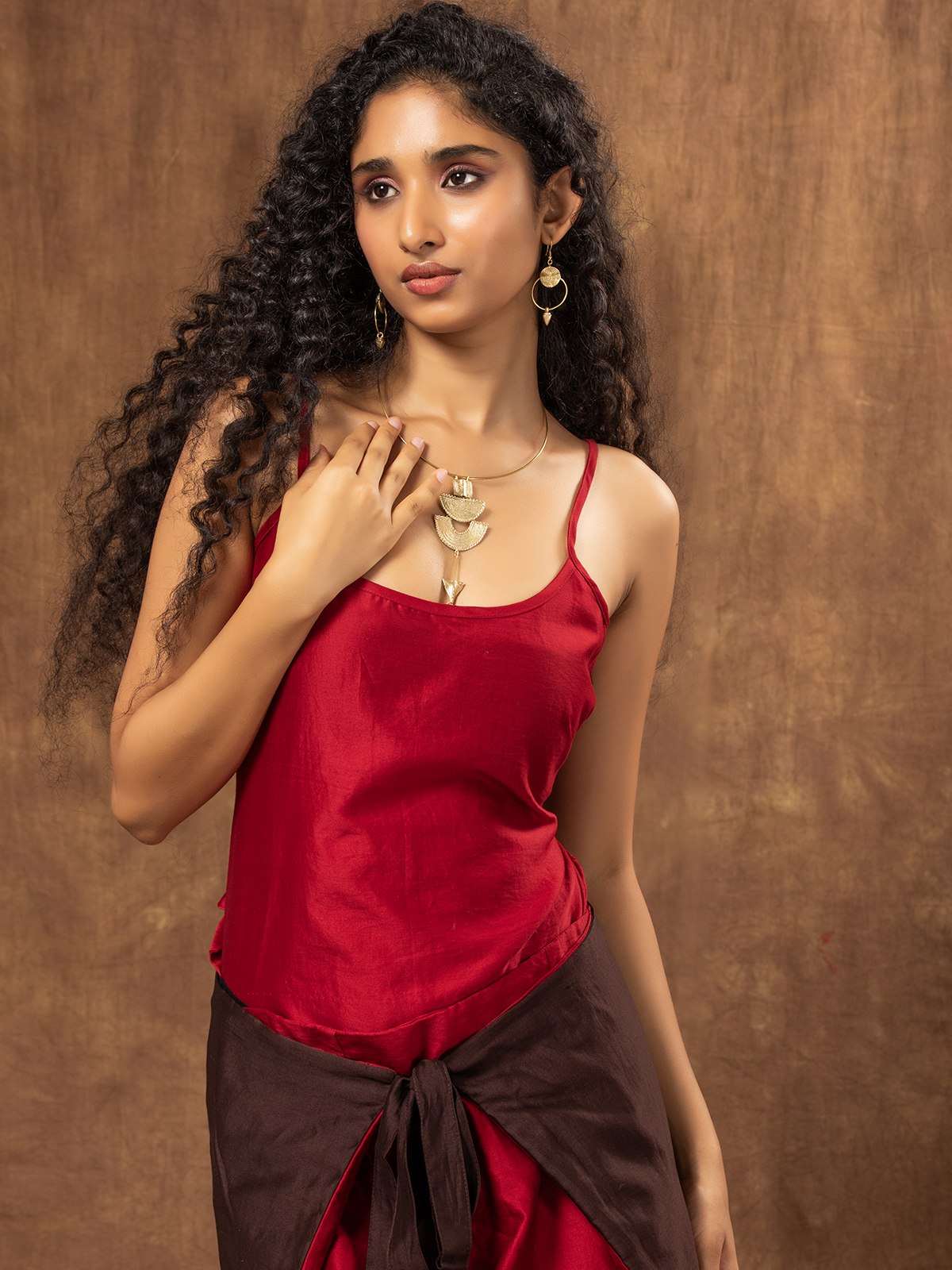 Red and Brown Colour Block Japanese Tie-Knot Chanderi Skirt