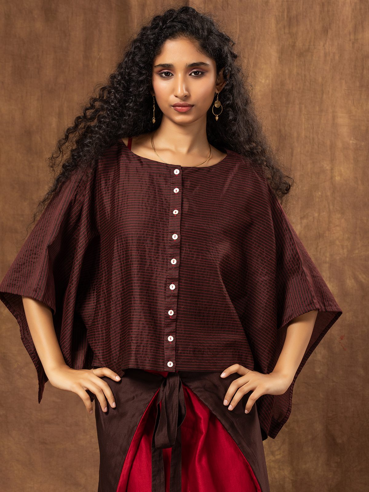 Red and Brown Colour Block Japanese Tie-Knot Chanderi Skirt