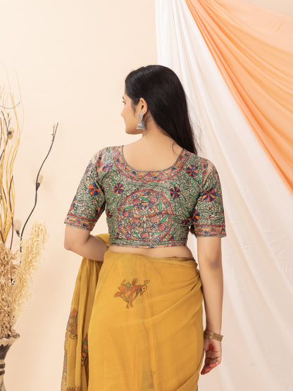 Beige Wild Silk Blouse in Multi-colour Hand Painted Madhubani