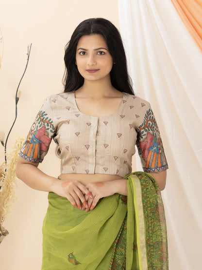Beige Wild Silk Blouse in Hand Painted Peacock Madhubani Work