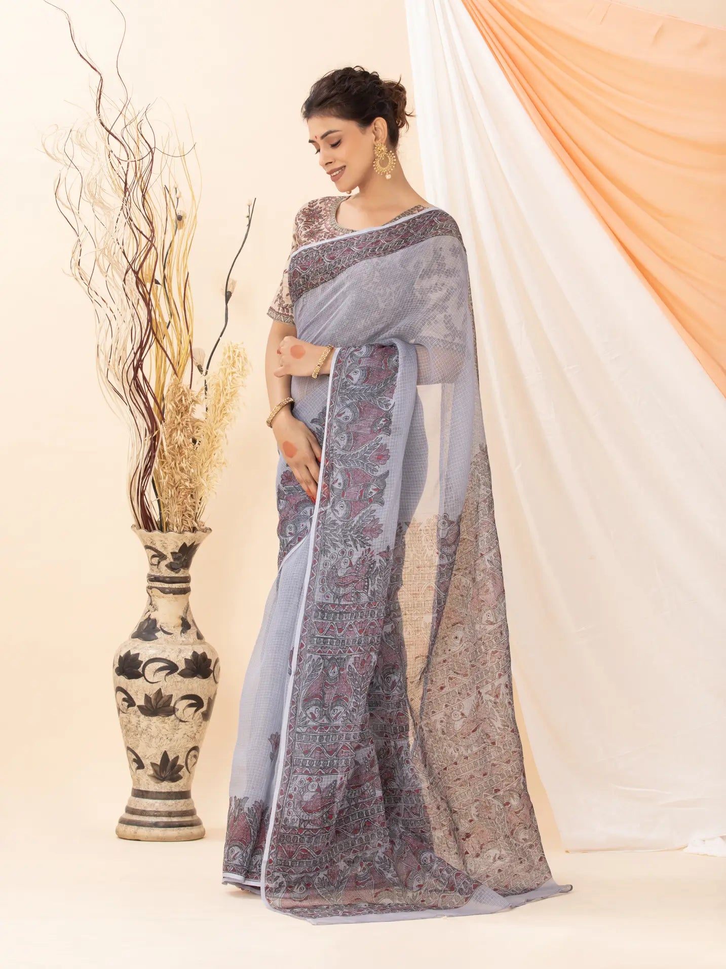 Grey Kota Saree with Madhubani painting