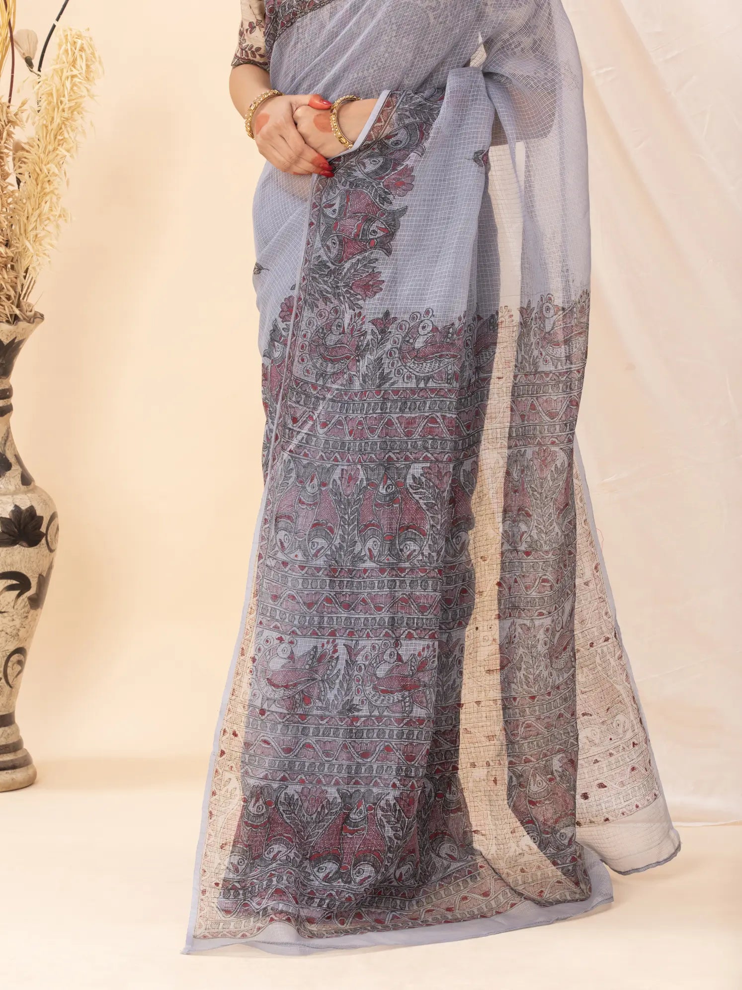 Grey Kota Saree with Madhubani painting