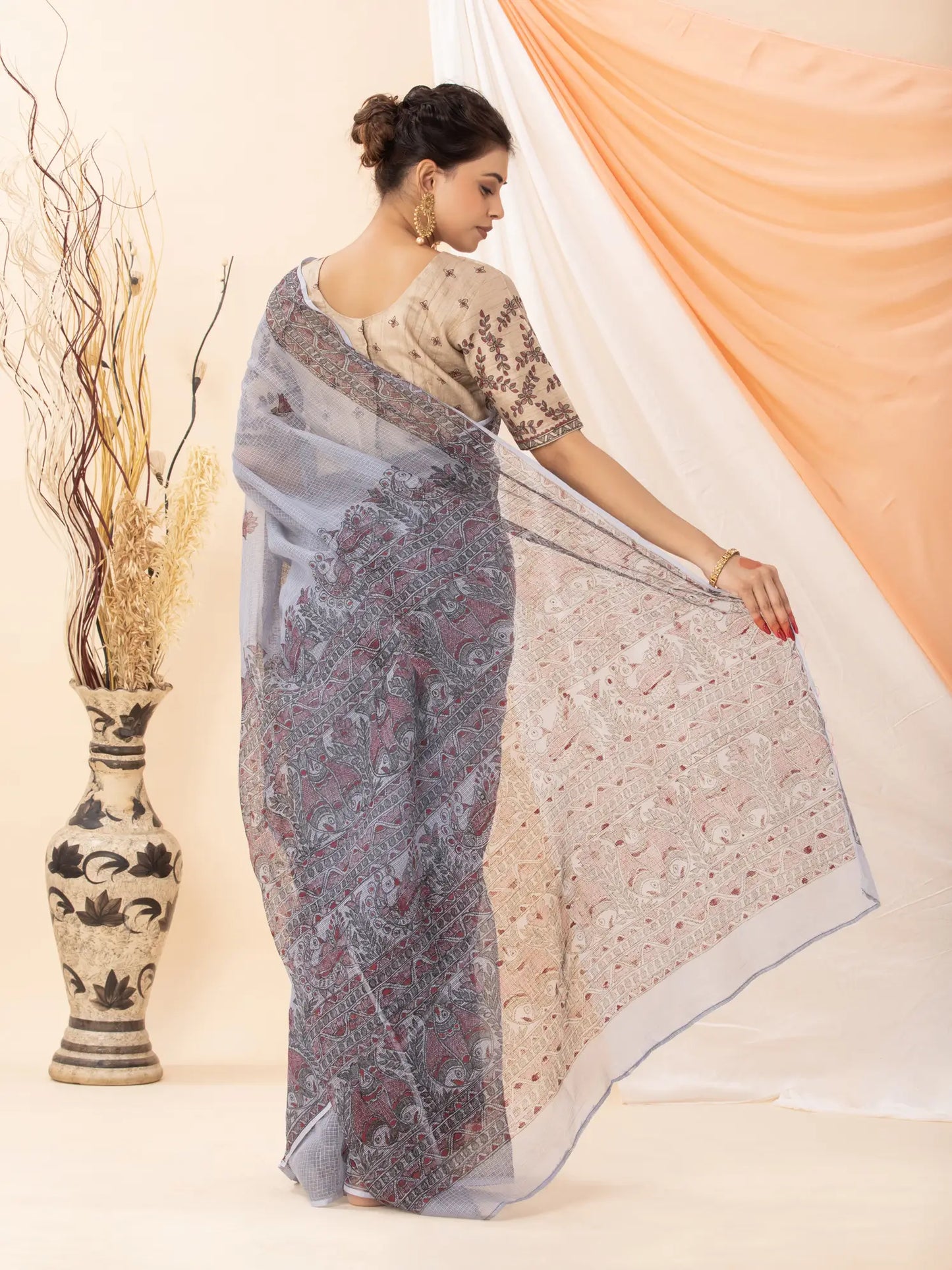 Grey Kota Saree with Madhubani painting