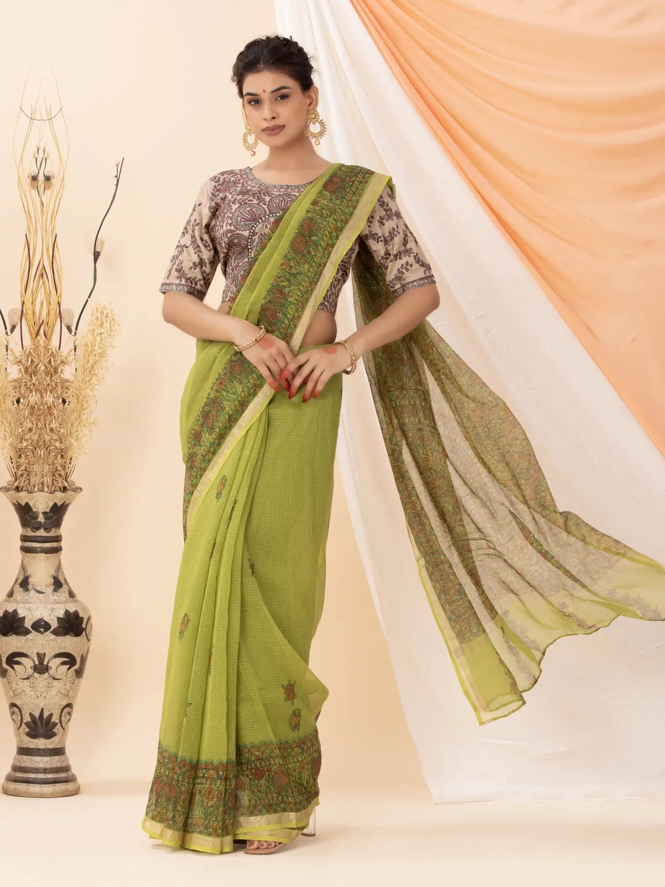Green Kota Saree with Madhubani painting