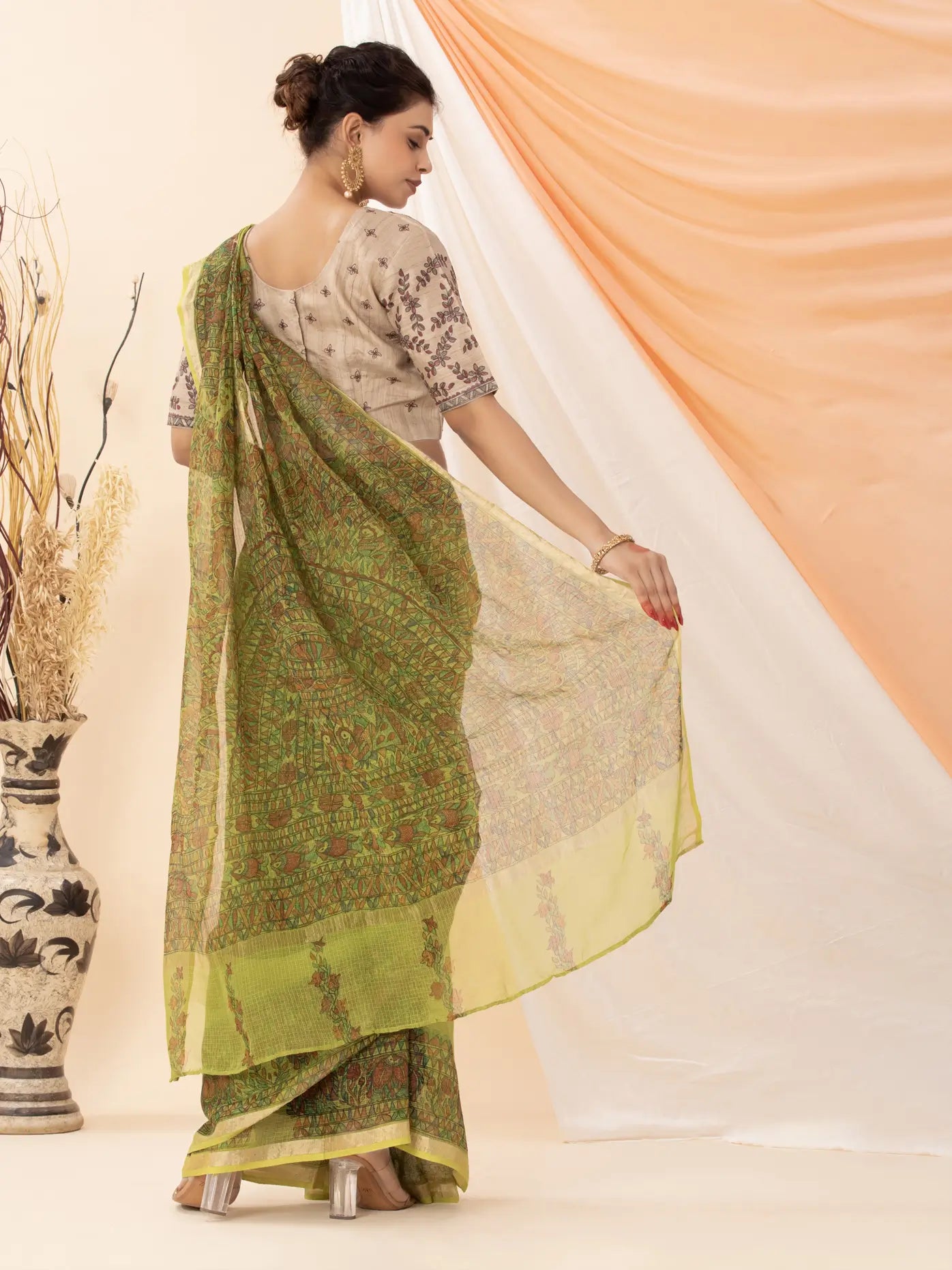 Green Kota Saree with Madhubani painting
