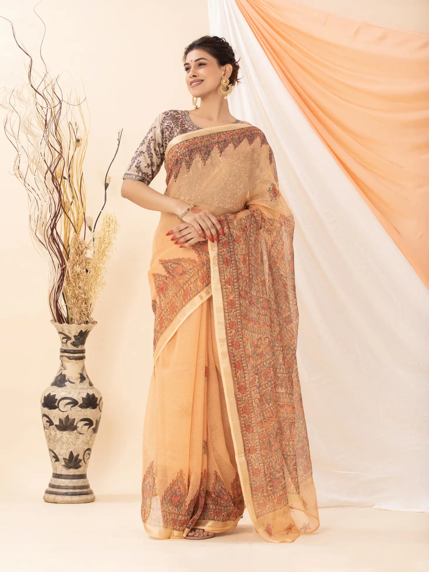 Light Peach Kota Saree with Madhubani painting