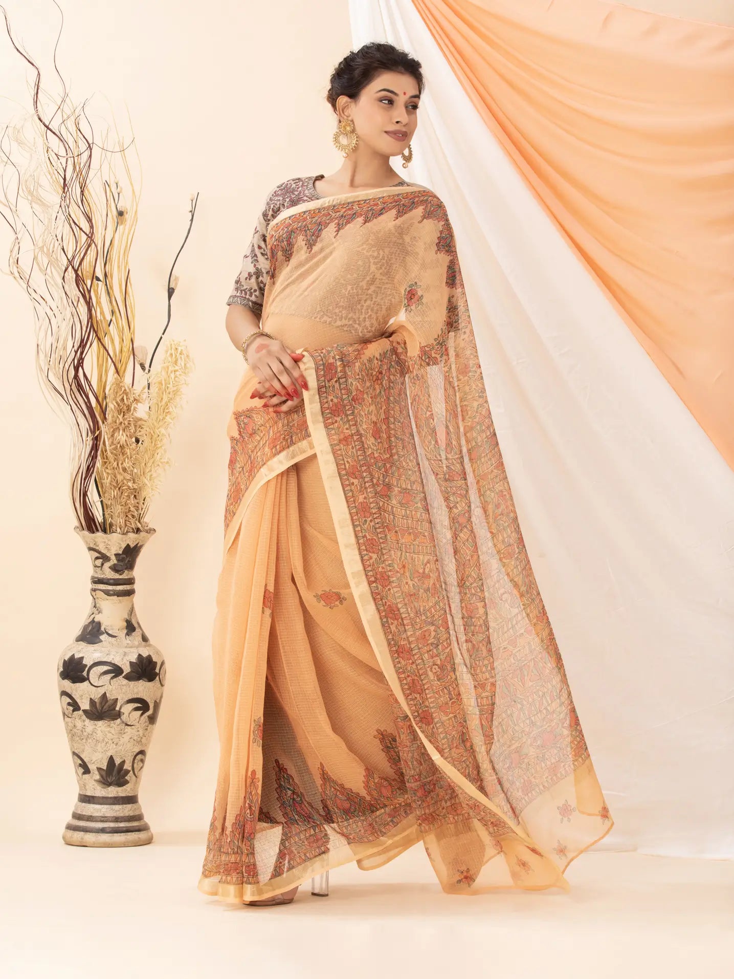 Light Peach Kota Saree with Madhubani painting