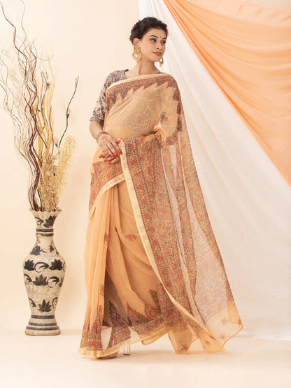 Light Peach Kota Saree with Madhubani painting