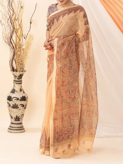 Light Peach Kota Saree with Madhubani painting