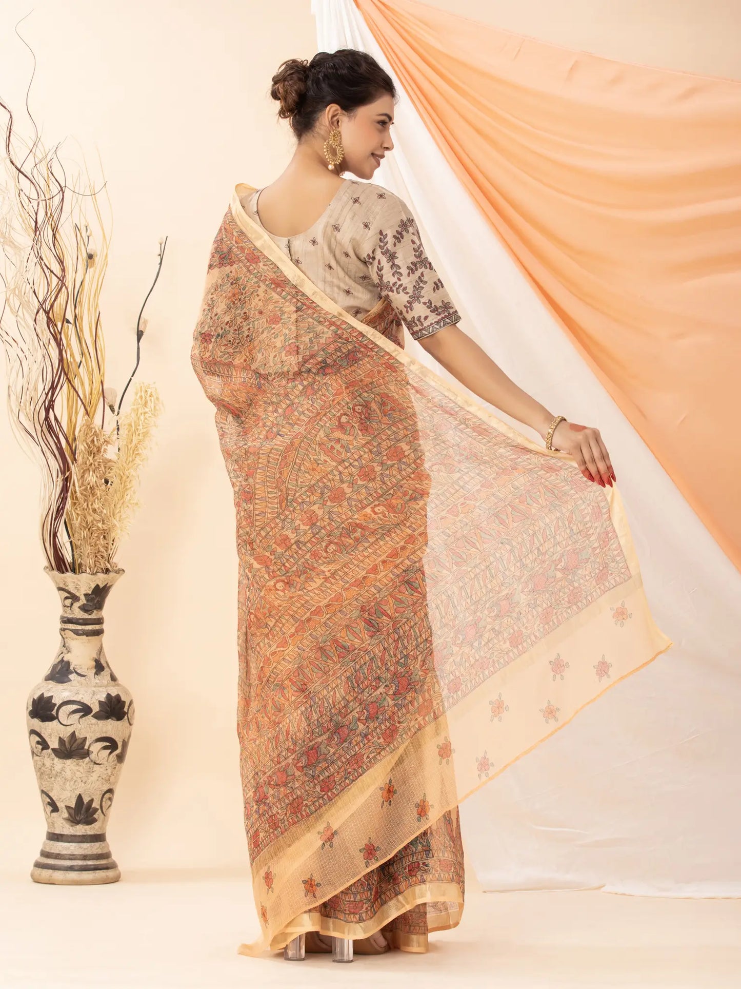 Light Peach Kota Saree with Madhubani painting