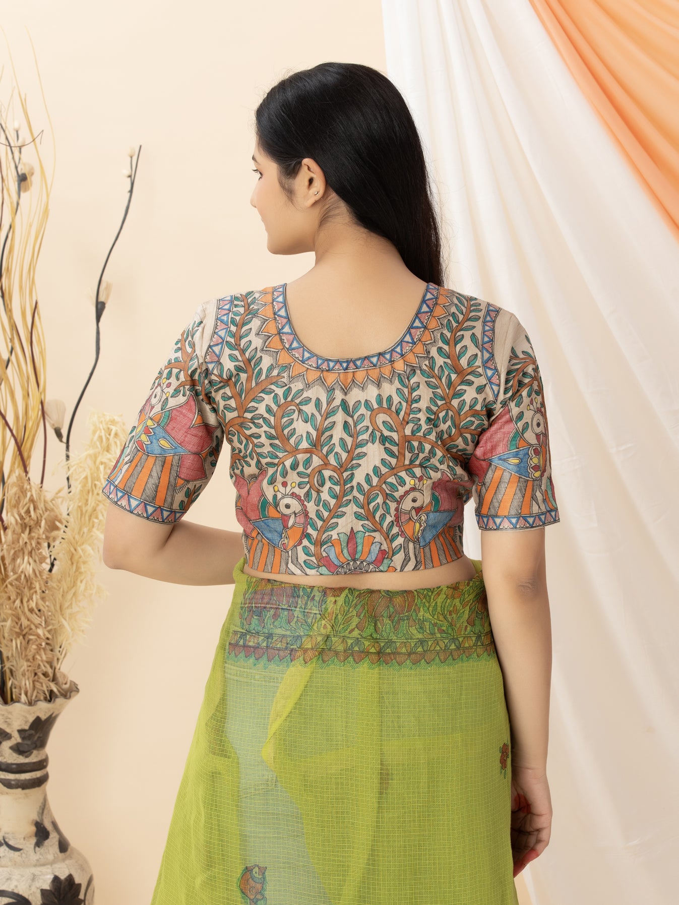 Beige Wild Silk Blouse in Hand Painted Peacock Madhubani Work