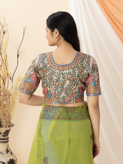 Beige Wild Silk Blouse in Hand Painted Peacock Madhubani Work